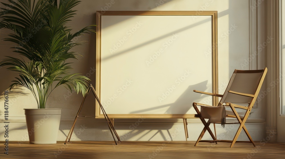 Poster sunlight streams through window illuminating empty canvas, chair, plant in minimalist room.