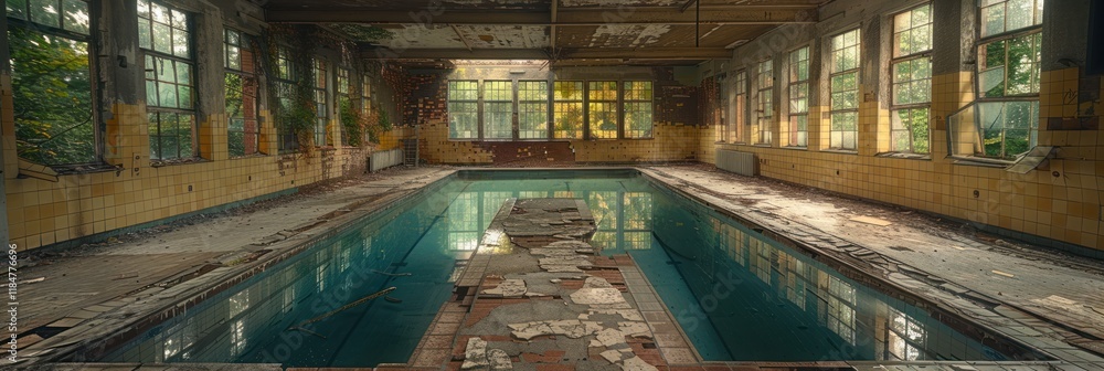 Poster an empty pool with cracked tiles and faded paint glows softly through shattered windows in a decayin