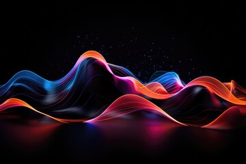 Neon waves flow gracefully through a pitch-black environment, creating a mesmerizing visual dance that captivates viewers with vibrant hues and dynamic movement
