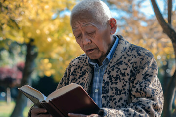Elderly man reading a book in a peaceful park.