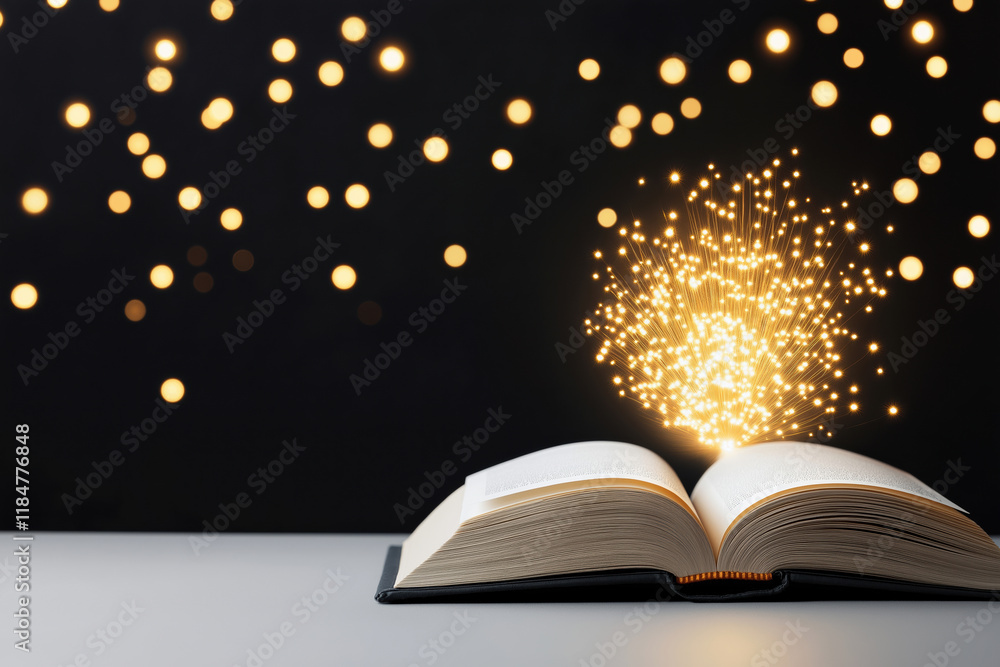 Poster magic emanates from an open book with glowing particles in a dark setting