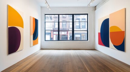 Modern art gallery interior with three abstract paintings on display, showcasing vibrant colors and geometric shapes against a bright, minimalist backdrop.