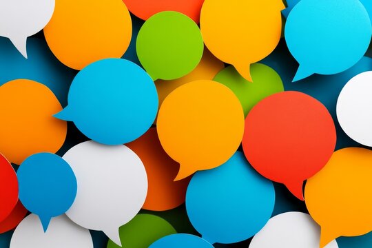 Colorful speech bubbles in various sizes and colors create an engaging visual background for communication themes