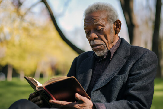 Elderly African American man reading a book in a peaceful park.