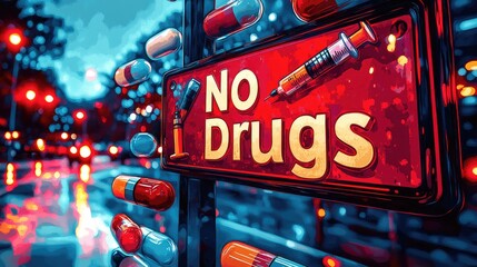 A bold "No Drugs" sign with a crossed-out syringe, pills, and capsules in a clean and minimalistic design