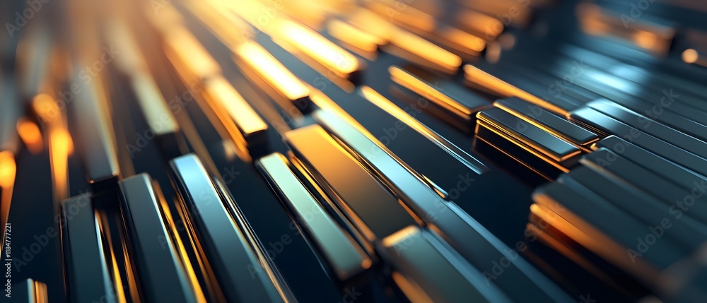 Poster a close-up view of metallic bars arranged in an intricate pattern, illuminated by warm light. this i
