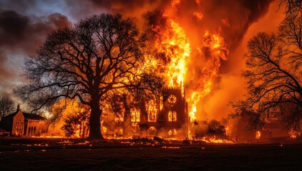 Fototapeta premium An ancient building is consumed by fierce flames, with bright orange and red hues contrasting against the darkening sky. Trees stand tall nearby, adding to the dramatic scene of devastation
