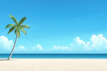Fototapeta premium Relaxing beach with a single palm tree under a blue sky and calm ocean