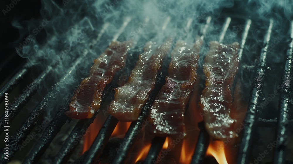 Poster bacon strips resting on a grill, with char marks and sizzling fat, creating a smoky, crispy texture 