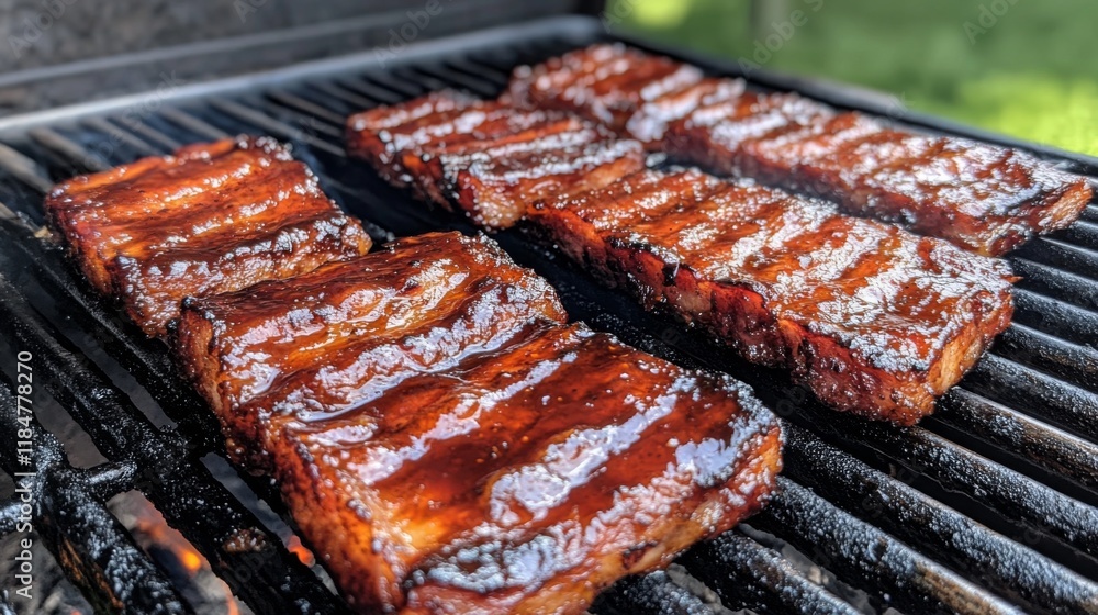 Poster bacon strips resting on a grill, with char marks and sizzling fat, creating a smoky, crispy texture 