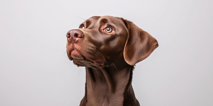 portrait of brown Labrador Retriever dog looking up, again solid light grey background with copy space
