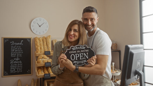 Man and woman holding open sign in bakery shop interior displaying bread and pastries while smiling and posing together