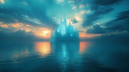Obraz premium A holographic castle floating above the ocean at dawn 
