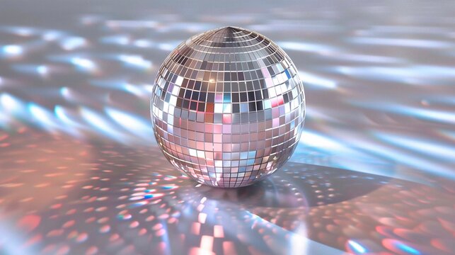 Shining silver disco mirror ball with colorful bokeh lights, party atmosphere