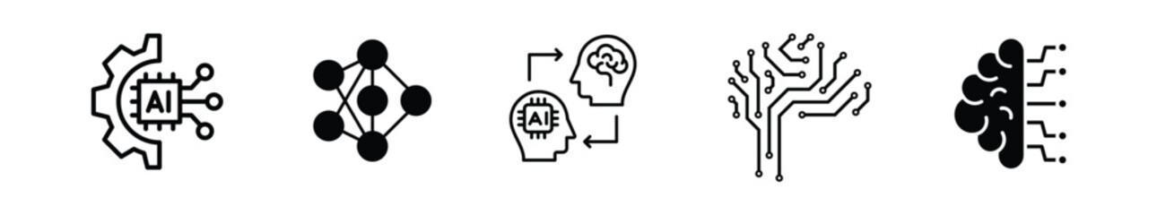 Artificial intelligence set of web icons inline style. AI technology icons for web and mobile apps. Machine learning, digital AI technology, algorithms, smart robotics, cloud computing network.
