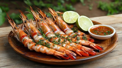 Beautifully arranged grilled prawns on a rustic wooden plate, with lime wedges and dipping sauce on...