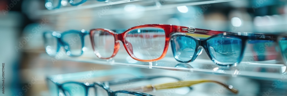 Poster close up of a female eye wearing corrective glasses with a vibrant display of eyewear in a vision ce
