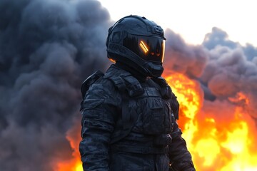 Naklejka premium Futuristic soldier stands amidst intense flames and smoke during a dramatic battle scene at sunset