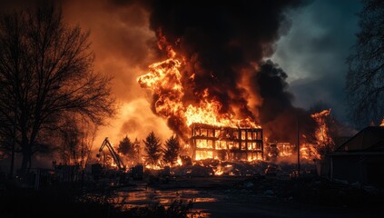Towering flames engulf a derelict warehouse as smoke billows into the twilight sky. The intense fire casts an eerie glow on the surrounding area, illuminating the devastation