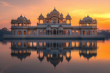 Fototapeta premium Discover the serene beauty of a majestic Maharaja palace reflecting in tranquil waters. 