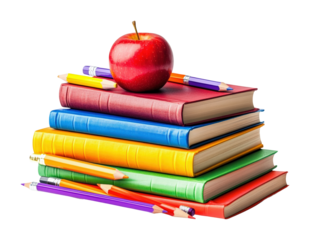Colorful stack of books and pencils with apple classroom high fidelity study environment top view education concept isolated on transparent background png