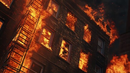 Obraz premium flames in building with ladder during emergency operation