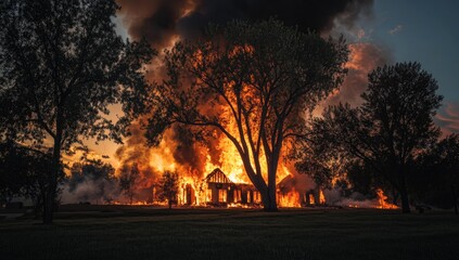 In a dramatic twilight setting, a once-grand house succumbs to intense flames, sending billowing smoke upwards. Trees around stand tall, contrasting with the raging fire