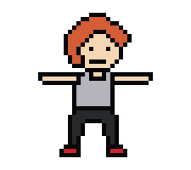 Cute cartoon pixel character cute man exercises training aerobic dance lifestyle music decoration life style 8 bit male boy dance with music game 8bit fitness isolated PNG vector.
