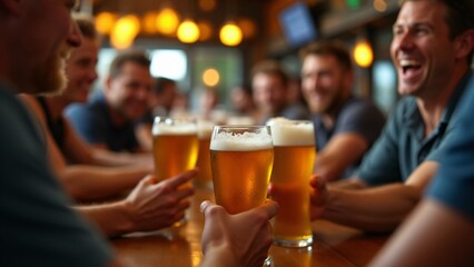 Friends competing in a beer drinking contest, with excitement and camaraderie filling the air, creating a fun and lively atmosphere for National Beer Day celebrations.