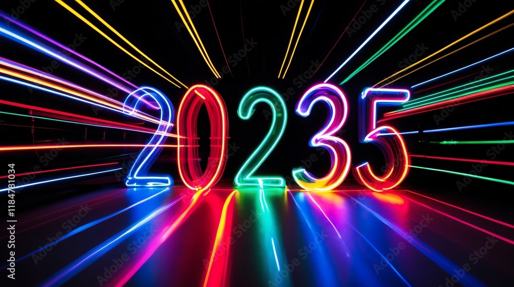 Poster a vibrant display of the numbers 20235 illuminated with colorful lights, creating a dynamic effect.