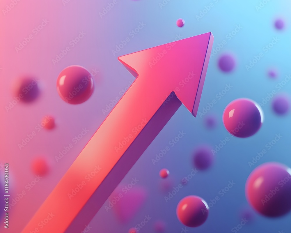 Poster abstract design featuring an upward arrow and colorful spheres on a gradient background.