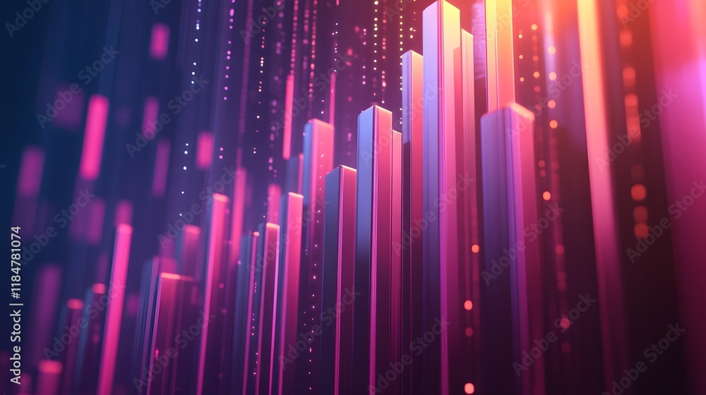 Poster abstract data visualization with colorful vertical bars representing growth and progress.
