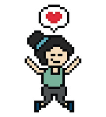 Obraz premium Cute pixel cartoon 8bit character woman lady feel happy glad happiness heart emotion lifestyle decoration life style 8 bit female girl fun happy like dance mood game isolated PNG vector.