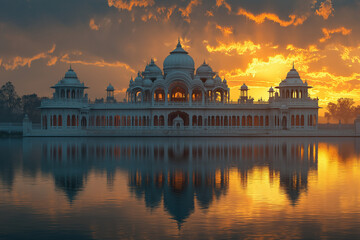 Obraz premium Discover the serene beauty of a majestic Maharaja palace reflecting in tranquil waters. 