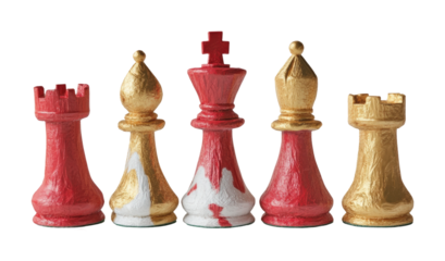 Artistic chess pieces crafted from red and gold plasticine indoor studio high fidelity creative environment isolated on transparent background png