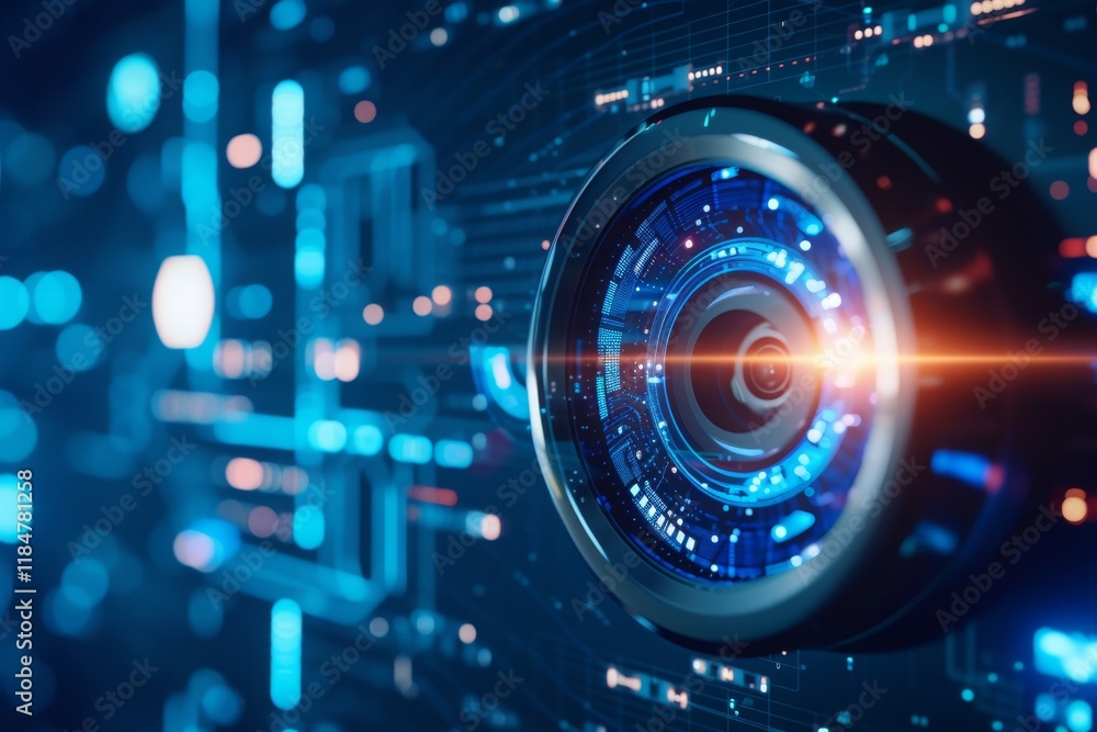 Poster advanced surveillance technology featuring intricate digital circuitry and a close-up of a high-tech