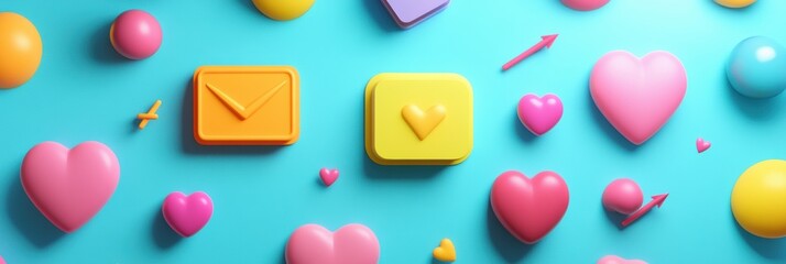 Floating 3D chat bubbles with hearts and arrows create a playful atmosphere in a vibrant blue setting. Generative AI