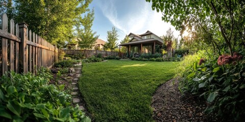 Fototapeta premium Large backyard garden of a suburban house with lush green trees on terrace with grassy lawn on sunny summer day in house garden