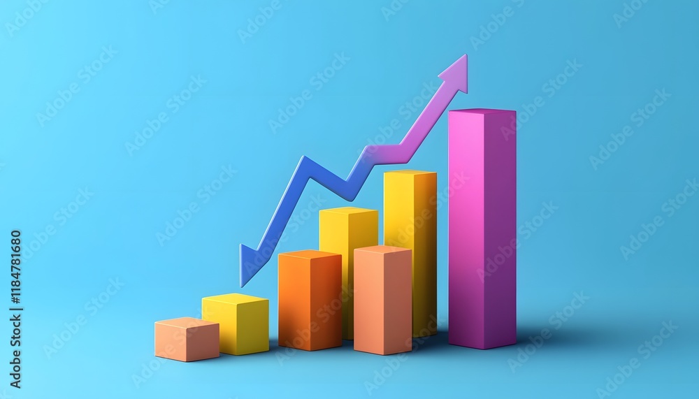 Poster dynamic 3d graph represented by colorful bars and an upward arrow on a blue background, illustrating