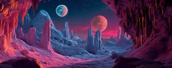 Stunning alien landscape with two moons illuminating icy terrain and colorful crystalline formations.