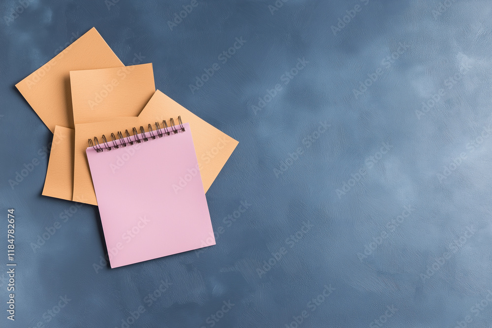 Poster notepad and brown sheets arranged neatly on a blue textured surface