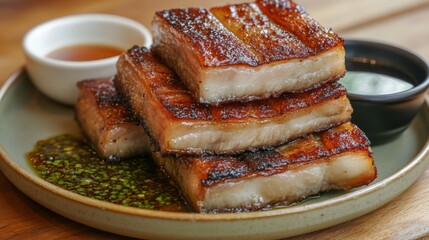 Golden-brown pork belly slices stacked neatly on a plate, with the crispy skin glistening and crackling, set on a wooden table with a side of dipping sauce.