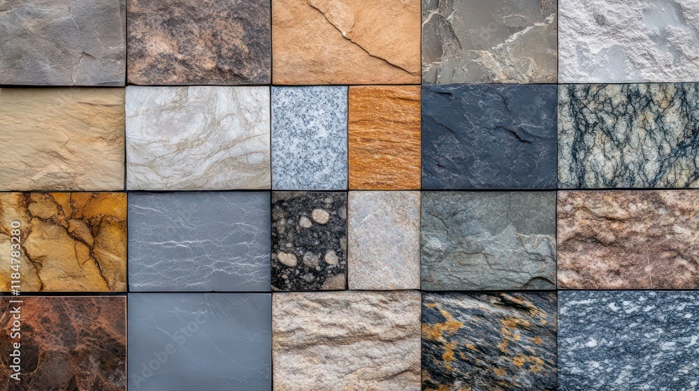 Poster Colorful stone tile samples arranged in a grid pattern, showcasing various textures and colors.