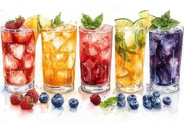 vibrant handcrafted watercolor collection of summer cocktails and beverages including tropical drinks mocktails and classic favorites