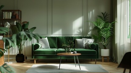Interior of modern living room with green sofa and plants - rendering