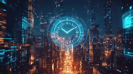 A holographic clock that spins above a futuristic cityscape 