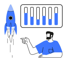 Rocket launching upward, man pointing at rocket, bar chart indicating progress. Ideal for business growth, startup success, goal achievement, market performance, innovation, analytics productivity
