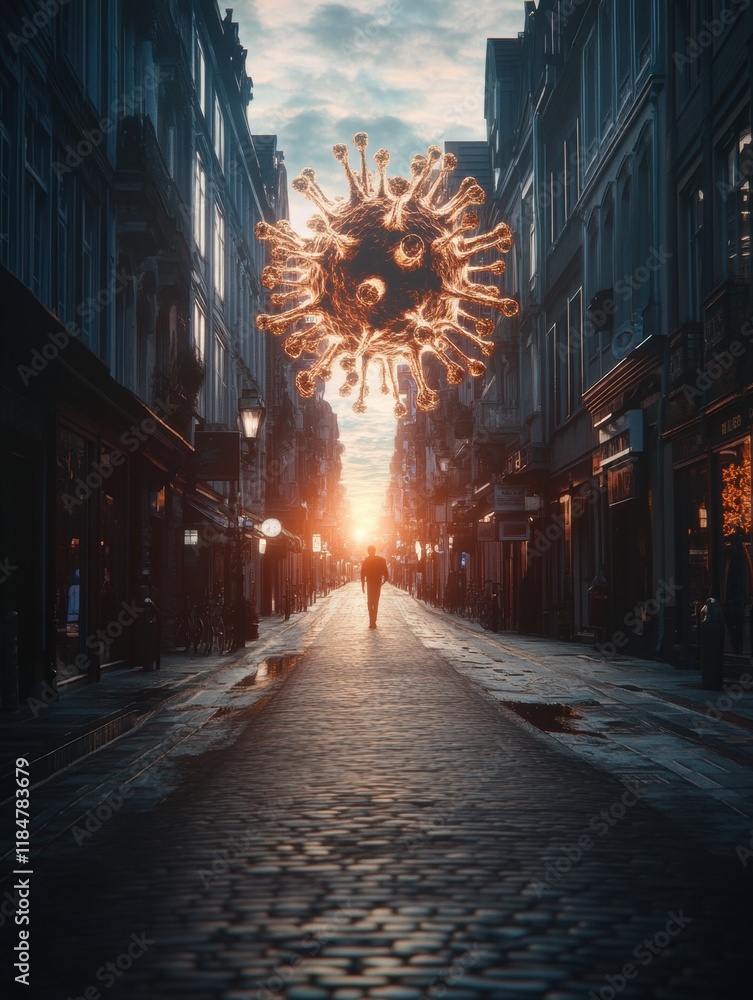 Aufkleber empty urban street highlighted by a symbolic virus motif at sunset. generative ai