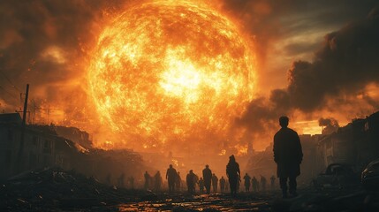 Post-apocalyptic scene with a giant fiery sun looming over a group of people walking through the ruins of a city.