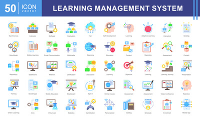 Learning Management System icon collection set. Containing blended, virtual classroom, courseware, gamification, assessment, synchronous, course catalog icon. Simple vectors illustration.